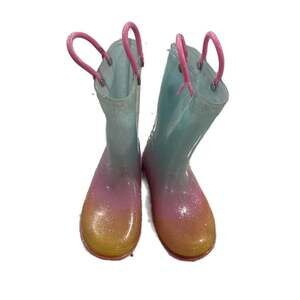 Kids Ombre Glitter Rain Boots Blue Pink‎ Yellow Pull Handles